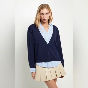 English Factory Blue Mixed Media Layered Cardigan Blouse Collared Button down